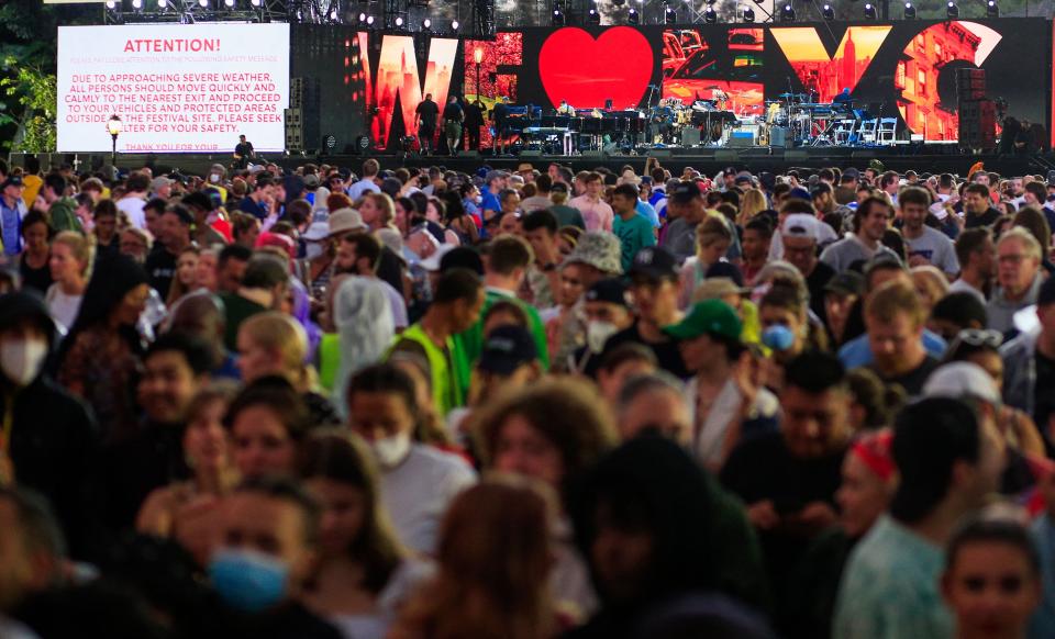 People leave "We Love NYC: The Homecoming Concert" as the Central Park event was canceled by severe weather on Aug. 21, 2021, in New York City.