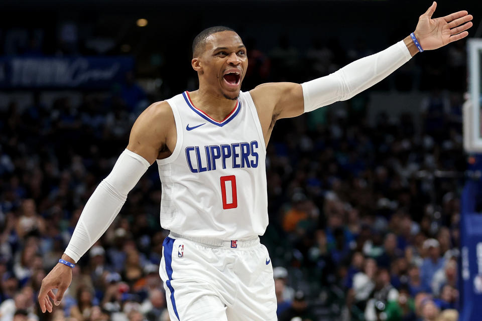 DALLAS, TEXAS - APRIL 28: Russell Westbrook #0 of the Los Angeles Clippers reacts in the second half of game four of the Western Conference First Round Playoffs against the Dallas Mavericks at American Airlines Center on April 28, 2024 in Dallas, Texas.  NOTE TO USER: User expressly acknowledges and agrees that, by downloading and or using this photograph, User is consenting to the terms and conditions of the Getty Images License Agreement. (Photo by Tim Warner/Getty Images)