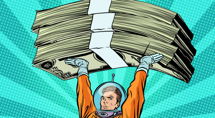 A pop-art image of an astronaut holding up a stack of money