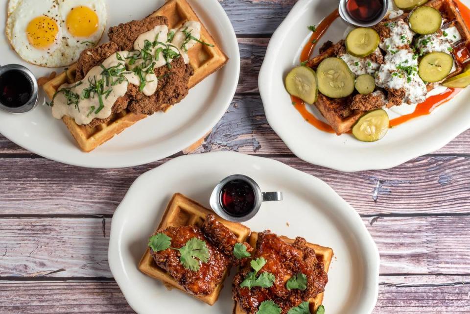 Tupelo Honey has three versions of chicken and waffles: Country Style, from left, Sriracha Honey and Mac-n-Cheese with Asheville Hot Fried Chicken.