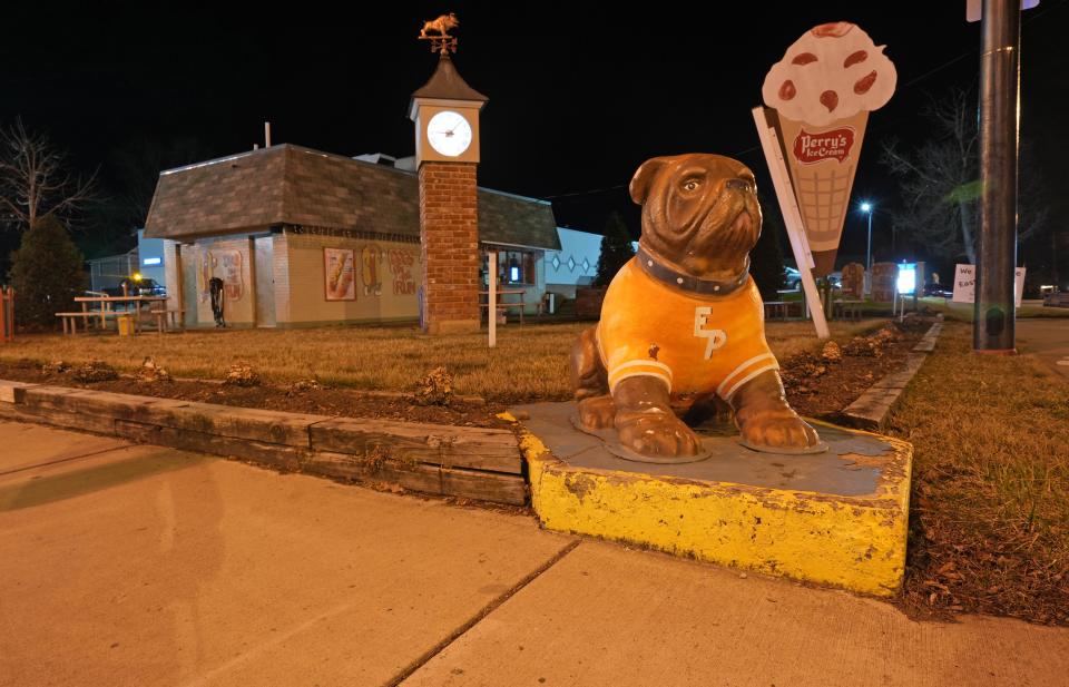 The bulldog mascot guards Perry's Ice Cream on W. Market St. in East Palestine. After dark, East Palestine, Ohio takes on a different feeling. The ramifications of the Feb. 3 train derailment seem muted; allowing the village to feel like any other American small town. 