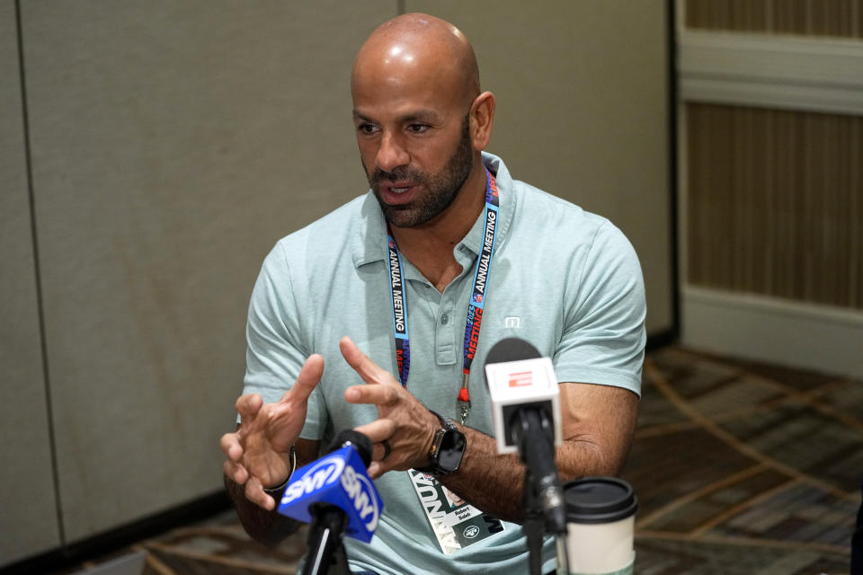 New York Jets head coach Robert Saleh speaks during the AFC head coaches availability at the NFL meetings, Monday, March 27, 2023, in Phoenix. (AP Photo/Matt York)