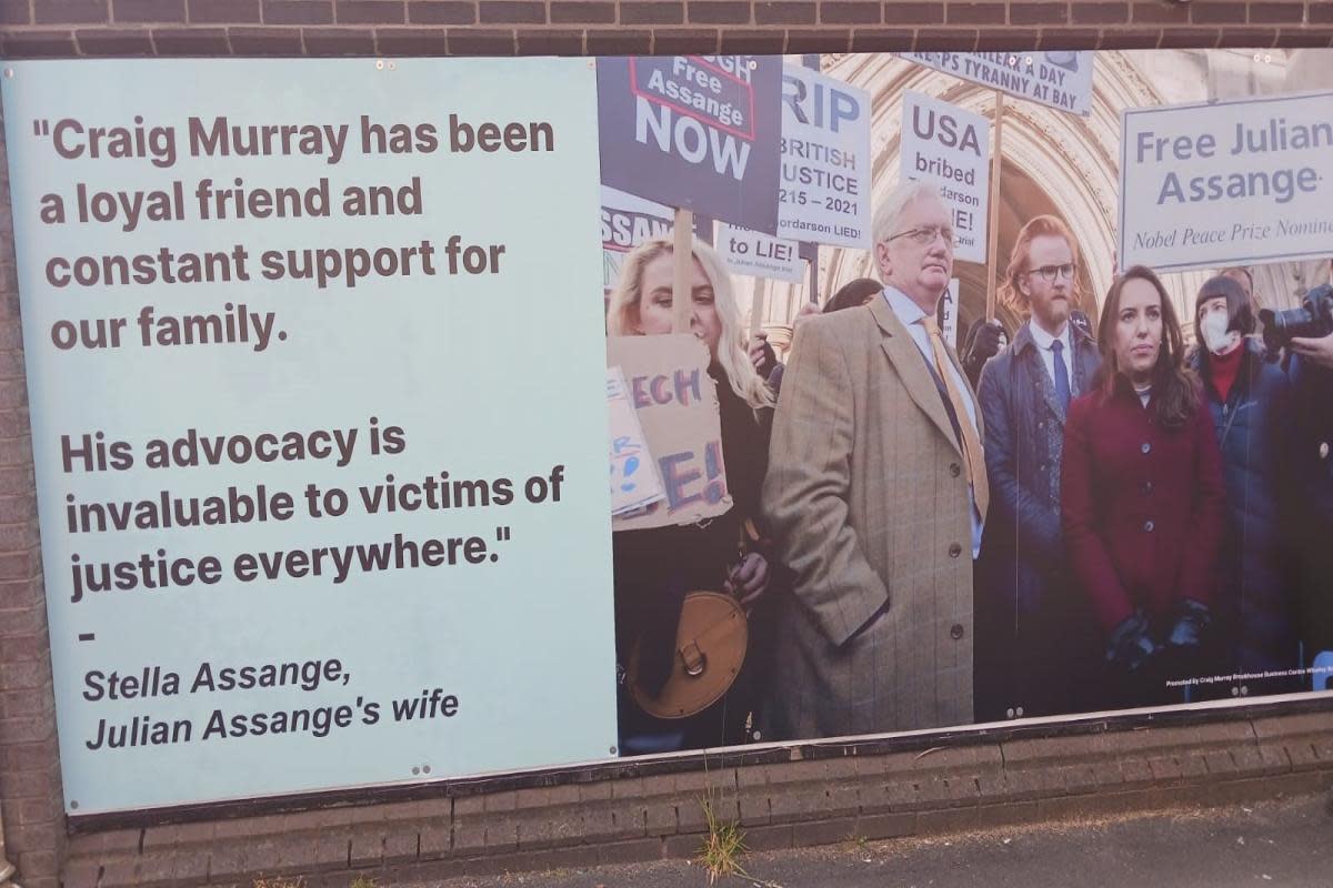 Craig Murray's Julian Assange poster in Whalley Range, Blackburn