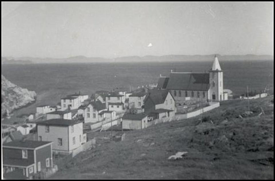 An undated black and white photo of the town of Pushthrough, N.L. Many families who relocated from communities like Pushthrough did not received the support they needed. (Maritime History Archive, Memorial University)