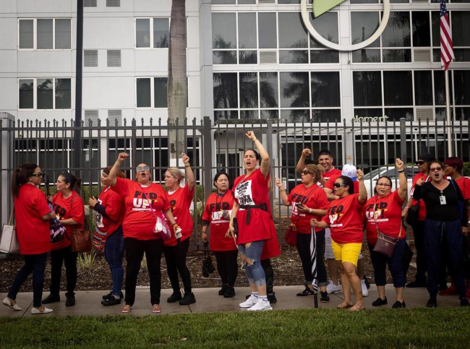 Sky Chefs union food catering workers gathered Wednesday, Oct. 11, 2023 in Miami to demand at least $20 hourly pay.