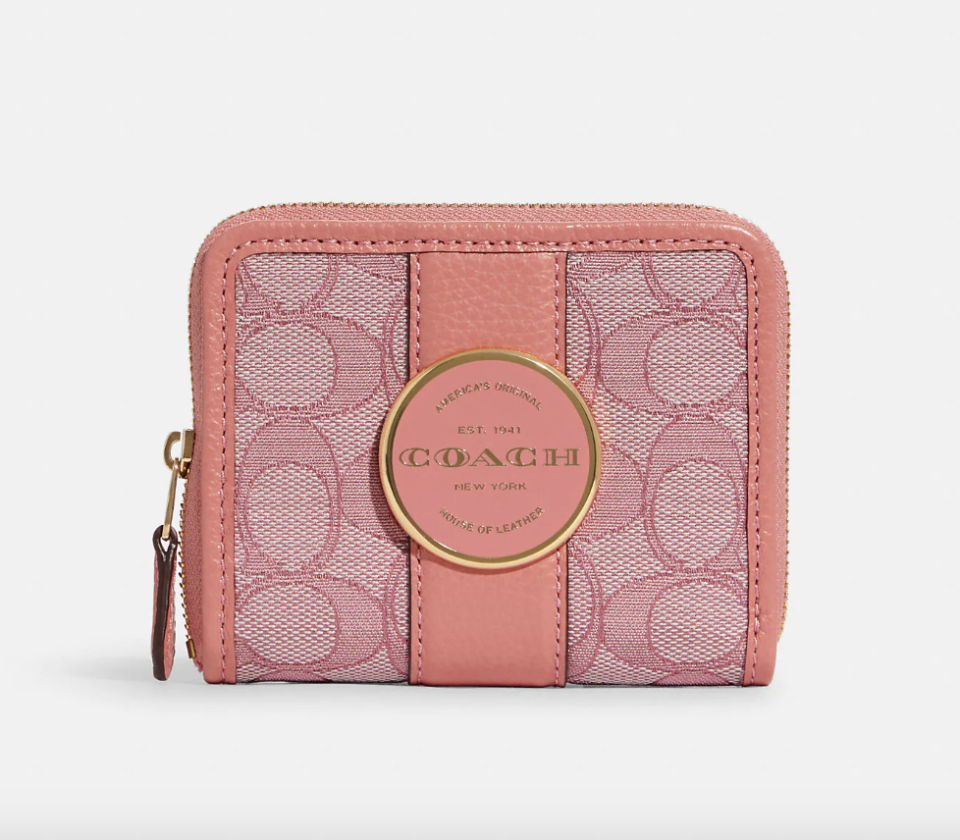 Coach Outlet Lonnie Small Zip Around Wallet In Signature Jacquard Gold/Taffy (Photo via Coach Outlet)