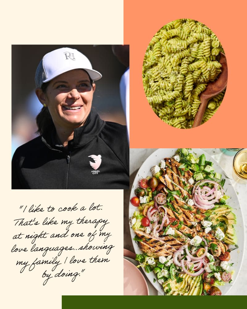 Graphic of Mia Hamm and a quote about cooking with a photo of pesto pasta and a grilled chicken salad platter