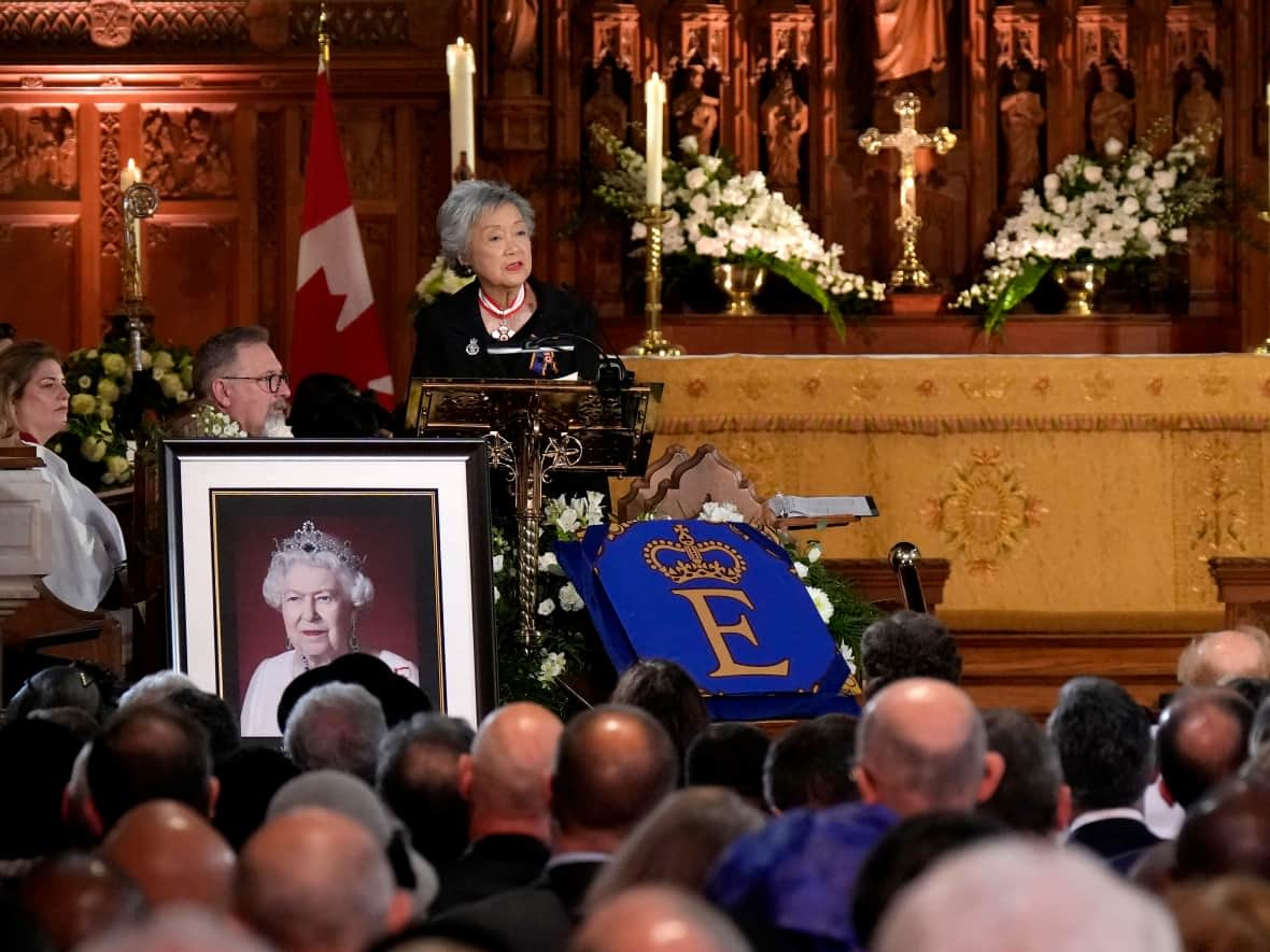 Former governor general Adrienne Clarkson speaks during commemorative ceremonies for Queen Elizabeth at Christ Church Cathedral in Ottawa on Monday. (Adrian Wyld/The Canadian Press - image credit)