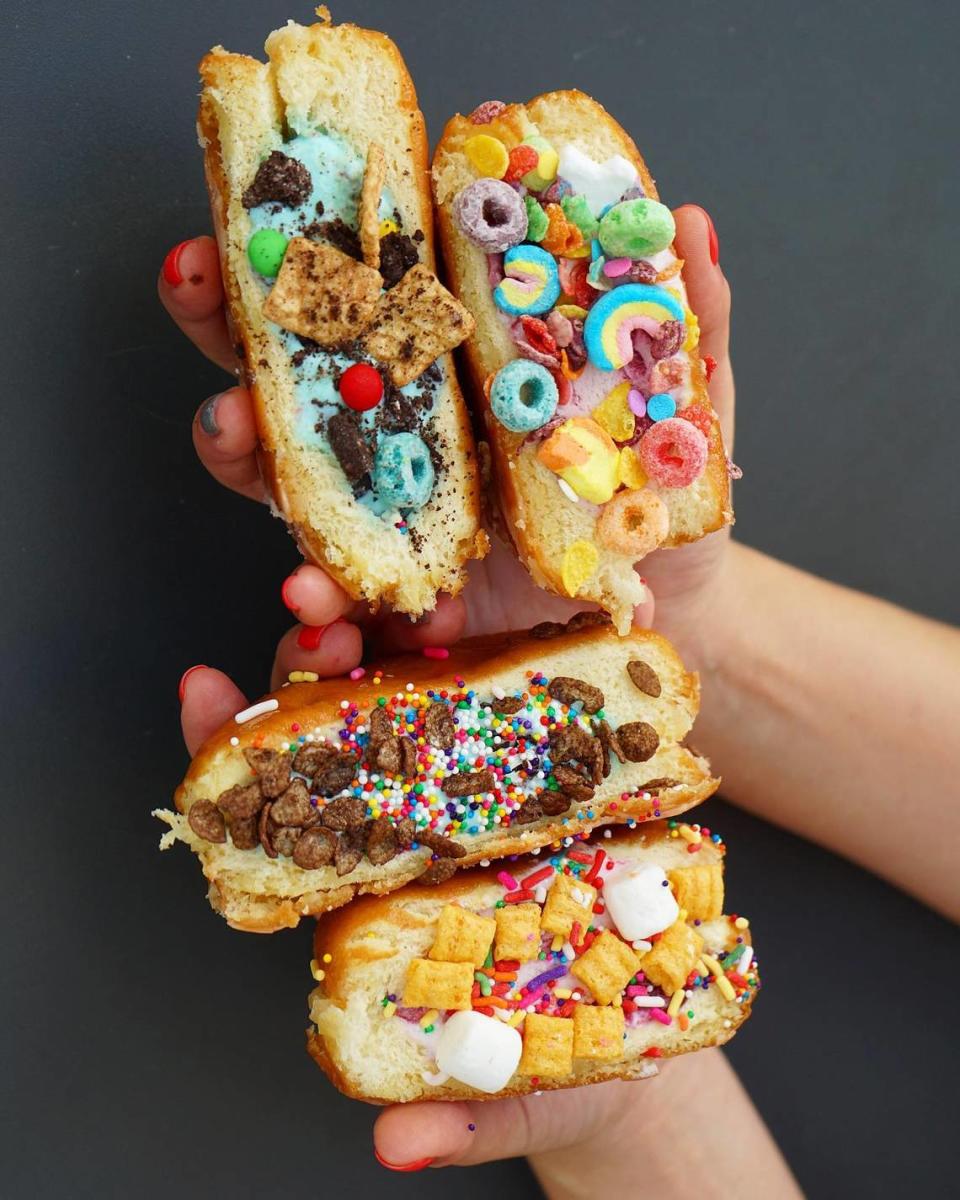 Smash Donuts are cut in half, packed with ice cream, hot pressed and covered in goodies.
