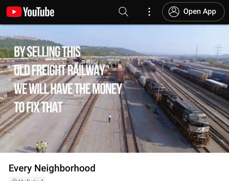 Image from a political campaign commercial starring Cincinnati Mayor Aftab Pureval which promises investments from railroad sale money into every neighborhood if voters vote yes on Issue 22. The commercial calls the city-owned Cincinnati Southern Railway an "old freight railway."