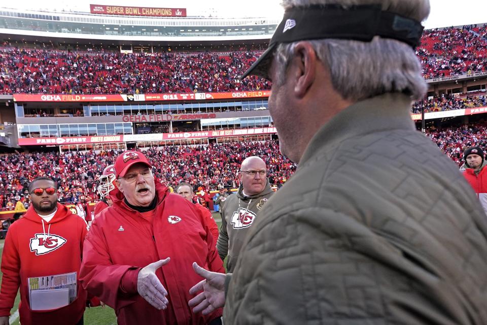 Kansas City Chiefs head coach Andy Reid greets Jacksonville Jaguars head coach Doug Pederson, right, after their NFL football game Sunday, Nov. 13, 2022, in Kansas City, Mo. The Chiefs won 27-17. (AP Photo/Charlie Riedel)