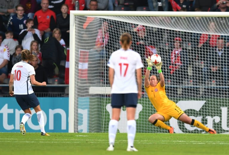 Denmark's goalkeeper Stina Lykke Petersen defends a penalty on July 24, 2017