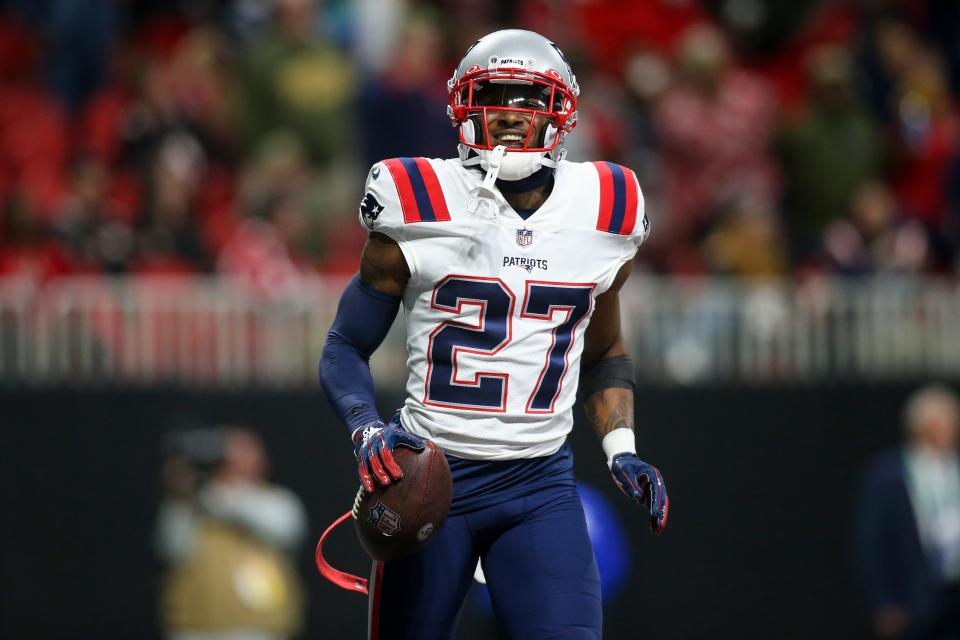Patriots cornerback J.C. Jackson celebrates after intercepting a pass against the Falcons in a game in November in Atlanta.