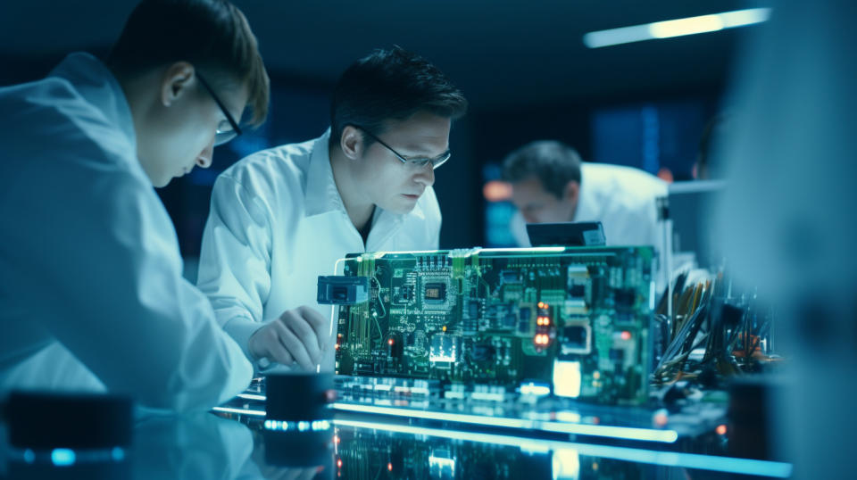 A team of engineers analyzing electronic components in a modern laboratory.