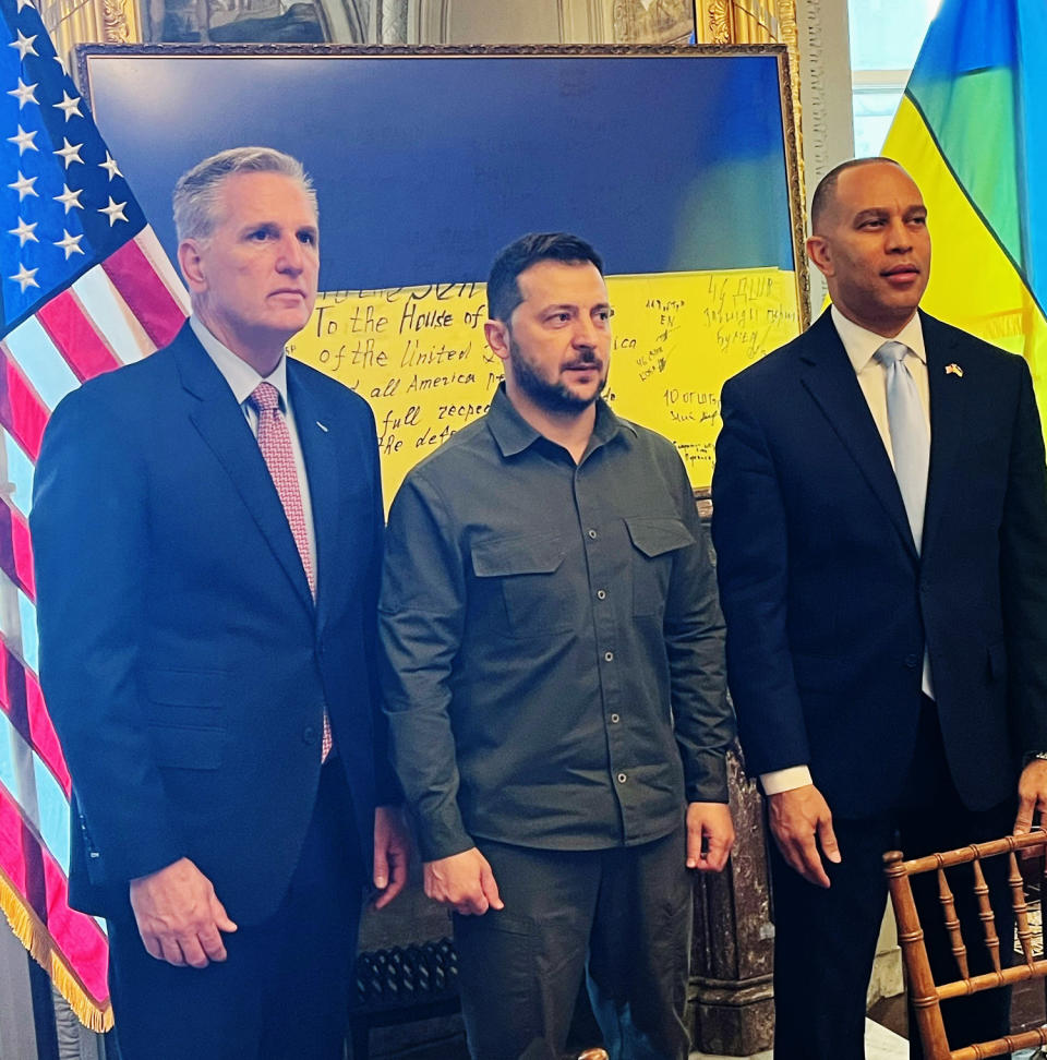 House Speaker Kevin McCarthy, Ukrainian President Volodymyr Zelenskyy and Minority Leader Hakeem Jeffries pose together at the Capitol on Sept. 21, 2023.  (Obtained by NBC News)