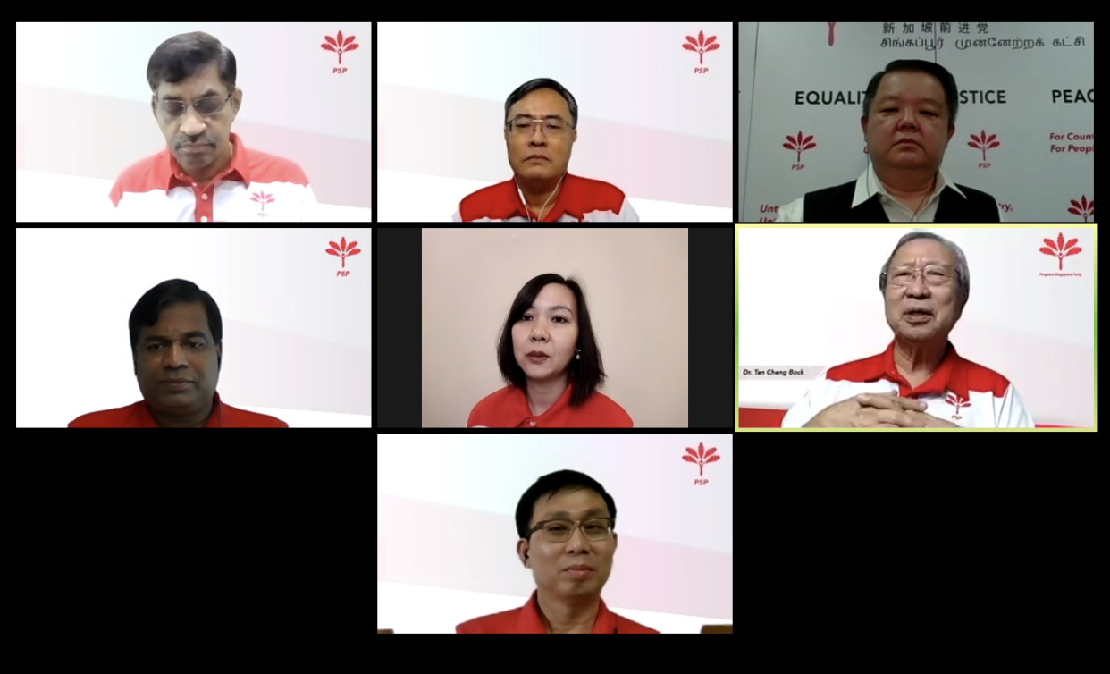 From left: Nadarajah Loganathan, Michael Chua, host Craig Teo, Kumaran Pillai, Wendy Low, Dr Tan Cheng Bock, Damien Tay. (PHOTO: Screenshot from virtual press conference)