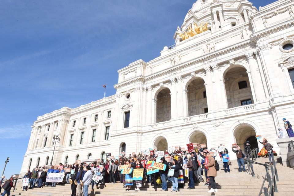 Climate and Indigenous rights activists gathered on the steps of the Capitol for the Rise and Repair Lobby Day in St. Paul, Minn. on March 12, 2024.