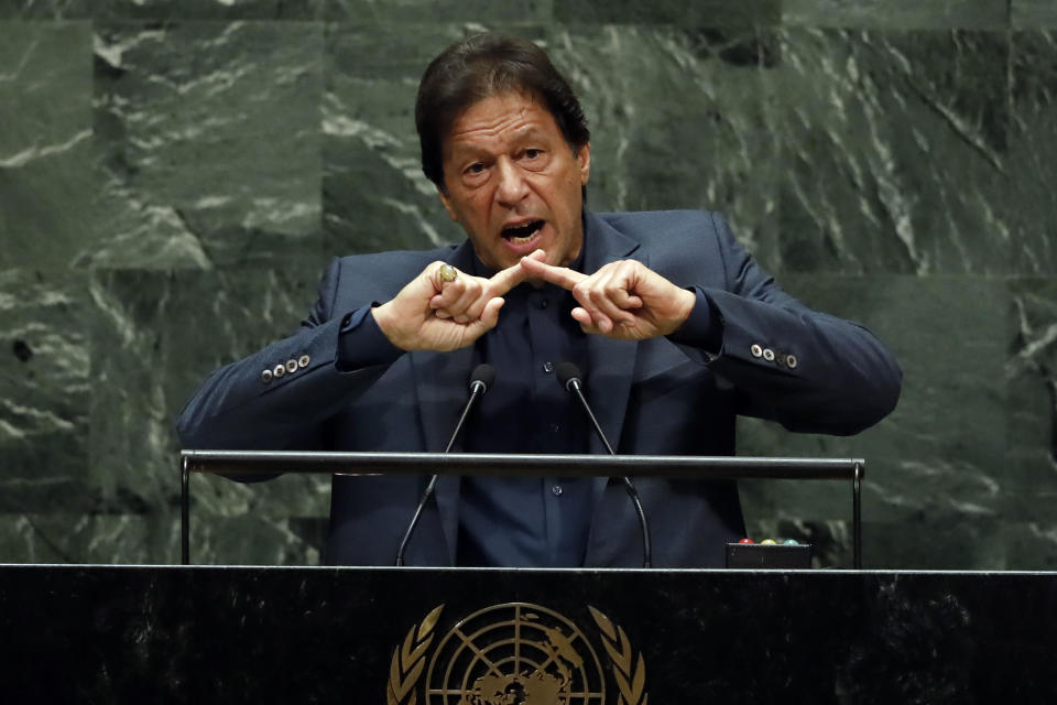 Pakistan's Prime Minister Imran Khan addresses the 74th session of the United Nations General Assembly, Friday, Sept. 27, 2019. (AP Photo/Richard Drew)