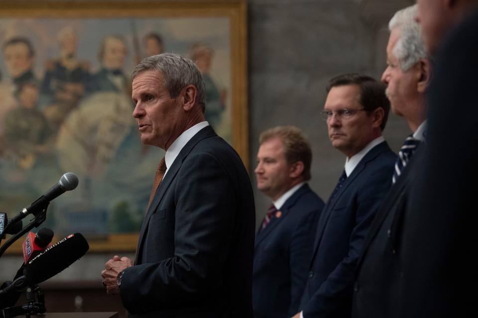 Gov. Bill Lee speaks during a press conference at the end of session at Tennessee Capitol in Nashville, Tenn., Thursday, April 25, 2024.