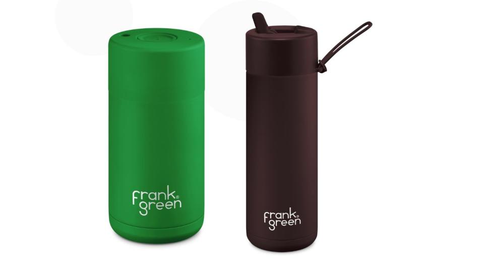 Frank Green bottle and cup in Evergreen and Chocolate