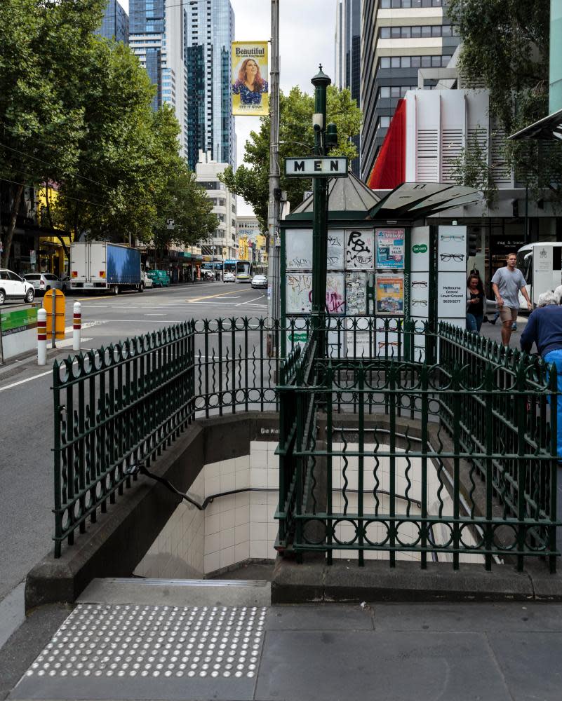 The ‘narrow stairs’ entry to the underground men’s toilets near Melbourne’s General Post Office.