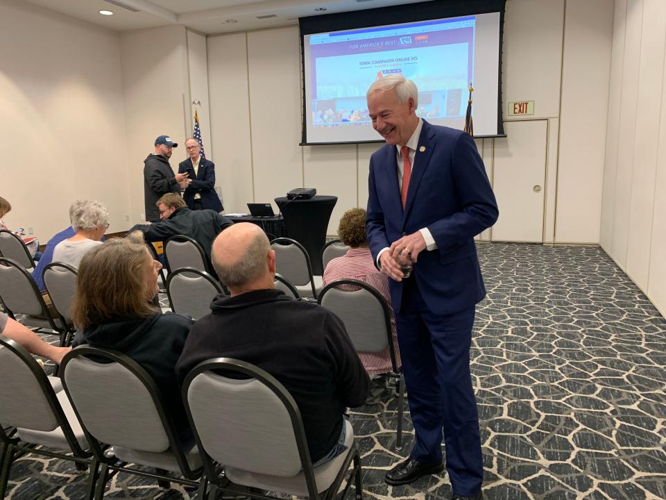 Republican presidential candidate and former Arkansas Gov. Asa Hutchinson addressed several questions from prospective voters during a meet and greet session Wednesday night in Cedar Falls, Iowa. The stop marks the first event in Hutchinson's latest visit to Iowa.