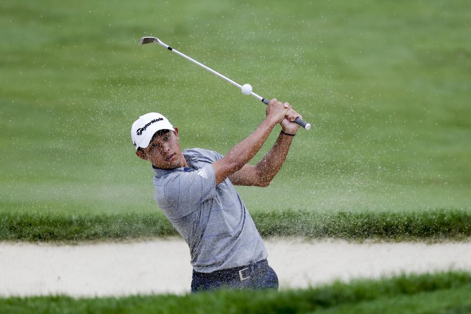 Coilin Morikawa hits from a bunker on the 18th hole during opening round of the Workday Charity Open golf tournament, Thursday, July 9, 2020, in Dublin, Ohio. (AP Photo/Darron Cummings)