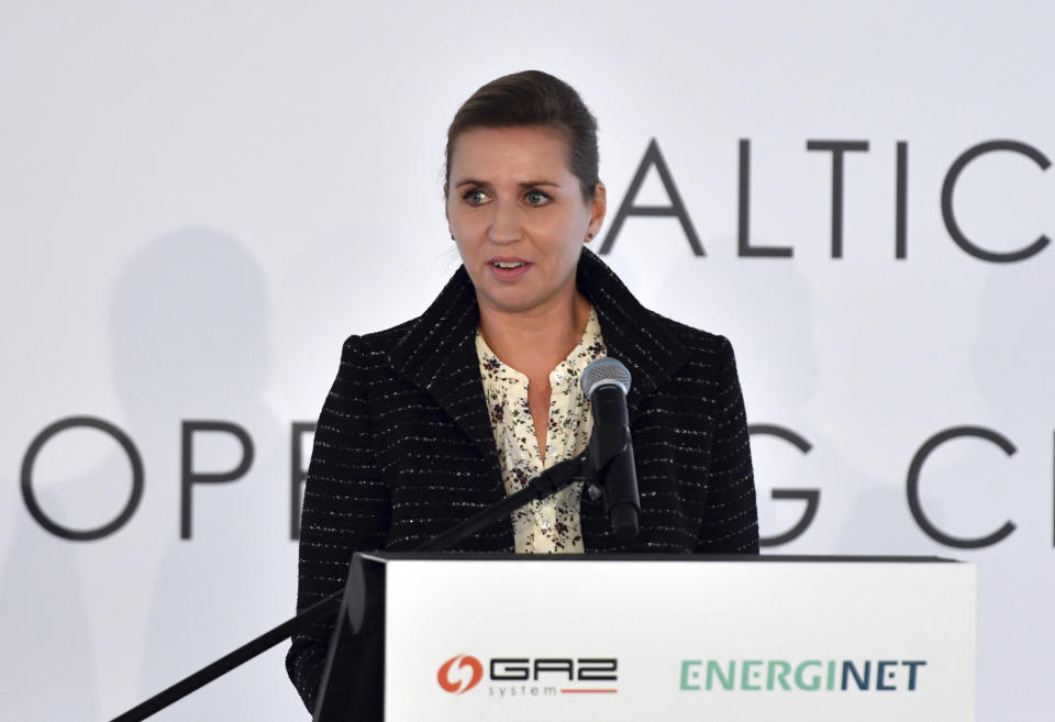 Prime Minister of Denmark Mette Frederiksen speaks during an opening ceremony of the Baltic Pipe in Budno, Poland, Tuesday, Sept. 27, 2022. The event marks the end of the process of the Baltic Pipe construction, a key route to carry gas from Norway through Denmark to Poland and neighboring countries. (AP Photo)