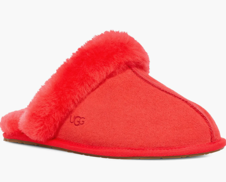 A glamour shot of the Scuffette Slippers in red.