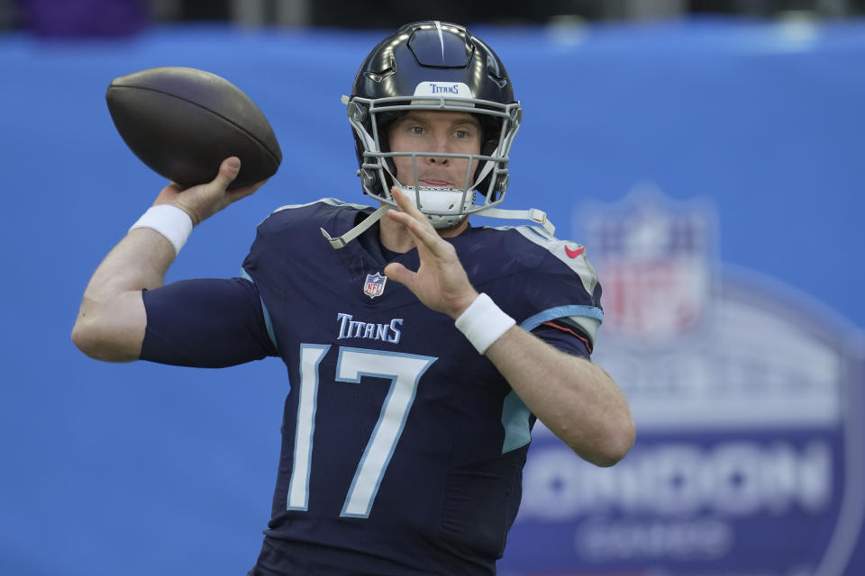 Tennessee Titans quarterback Ryan Tannehill (17) warms up before an NFL football game against the Baltimore Ravens, Sunday, Oct. 15, 2023, at the Tottenham Hotspur stadium in London. (AP Photo/Kin Cheung)