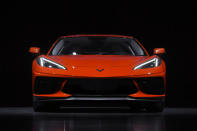 This June 24, 2019, photo shows a pre-production 2020 Chevrolet Corvette automobile in Warren, Mich. The mid-engine C8, the flagship of GM's Chevrolet brand, will have the weight balance and center of gravity of a race car, rivaling European counterparts and leaving behind sports sedans and ever-more-powerful muscle cars that were getting close to outperforming the current 'Vette. (AP Photo/Paul Sancya)