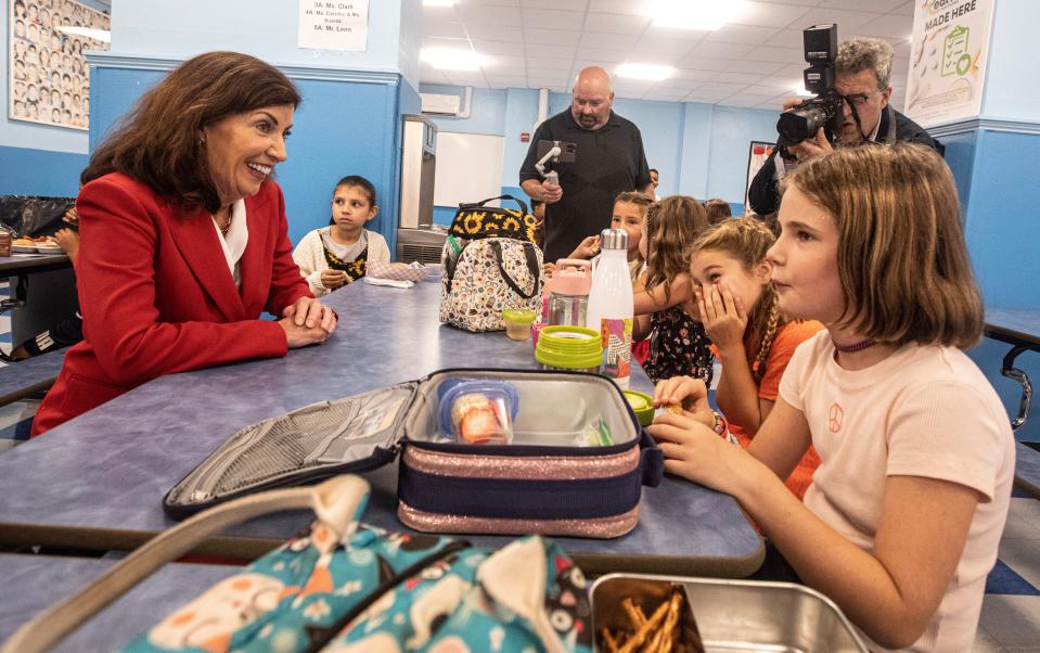 New York State Governor Kathy Hochul speaks to students during lunch at the Washington Irving Middle School in Tarrytown during the first day of school Sept. 5, 2023.
