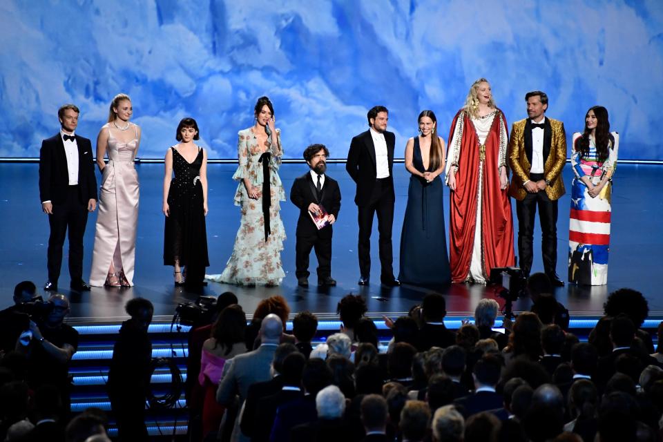 The cast of ‘Game Of Thrones’ presents the award for supporting actress in a limited series or movie during the 71st Emmy Awards at the Microsoft Theater in Los Angeles on Sept. 22, 2019.