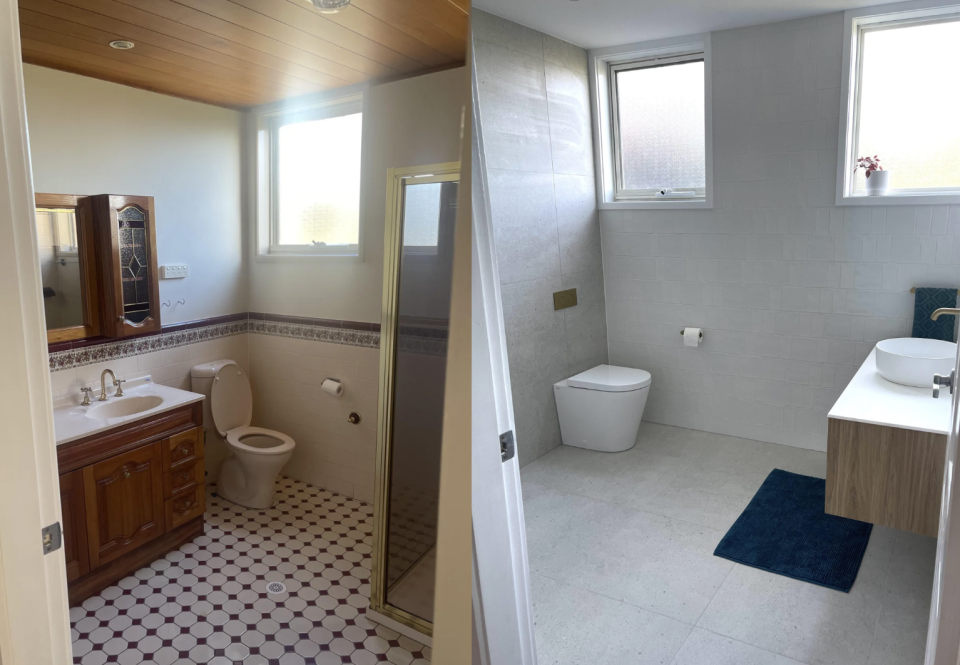 Modern bathroom with a shower, toilet, vanity, and a separate area with a sink and bidet