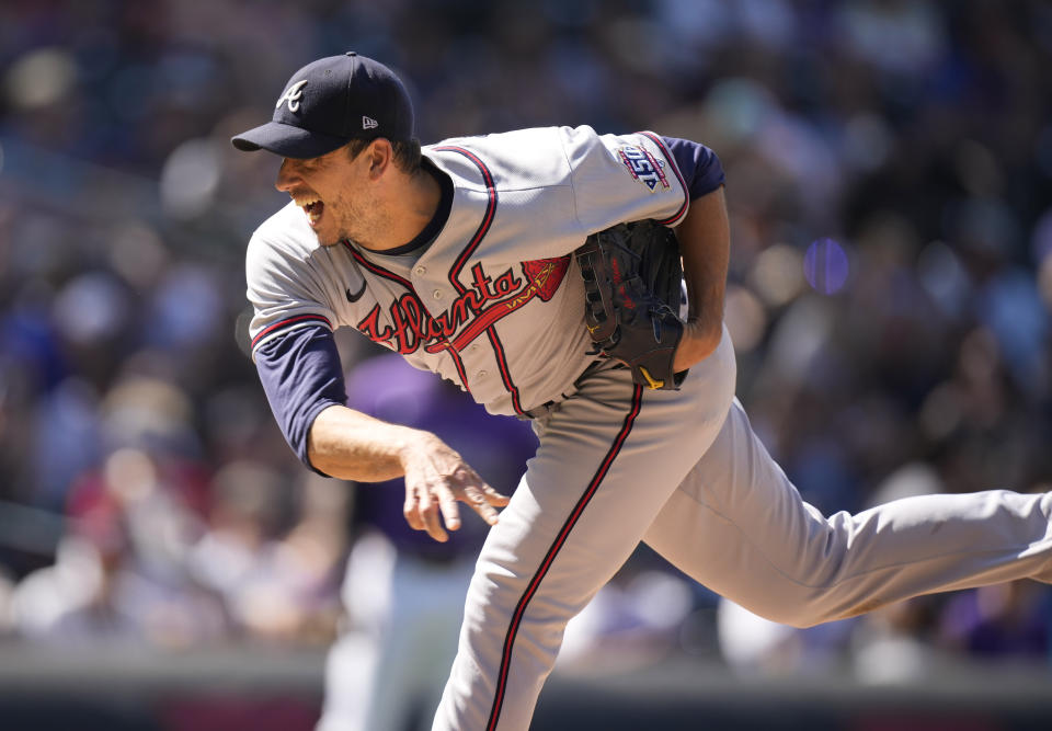 Atlanta Braves starting pitcher Charlie Morton works against the Colorado Rockies in the sixth inning of a baseball game Sunday, Sept. 5, 2021, in Denver. (AP Photo/David Zalubowski)