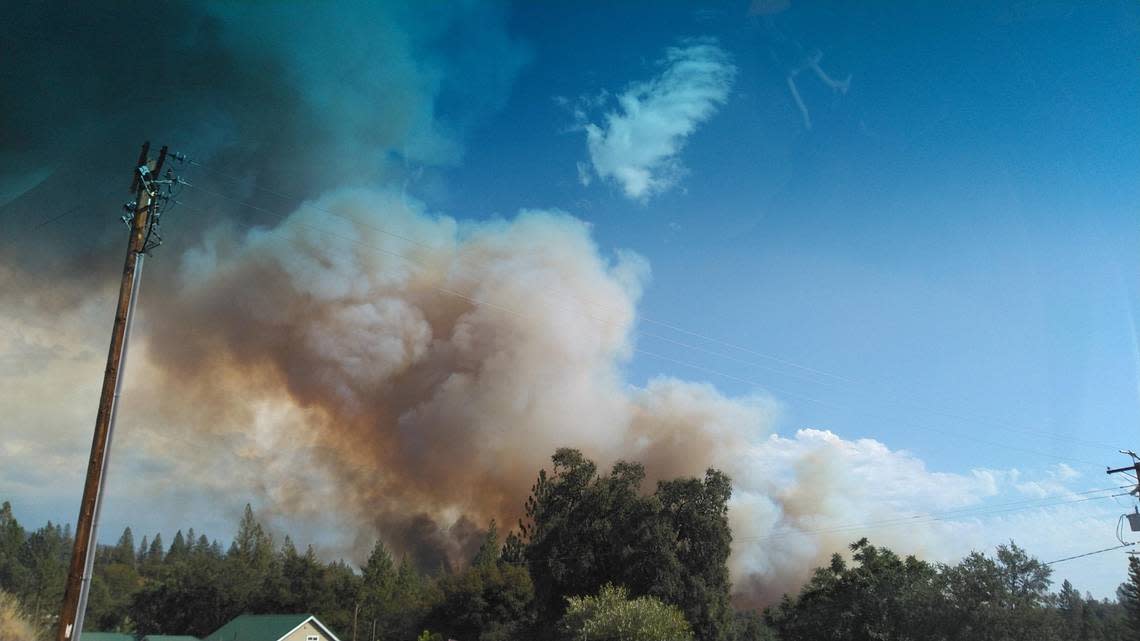A new wildfire in the North Fork area, as seen from the North Fork Market parking lot around 3:30 p.m. Sept. 7, 2022, shared on Facebook by Kimberly Hastings. Kimberly Hastings/Special to The Bee