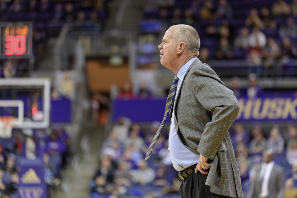 Colorado head coach Tad Boyle reacts to a call by the referees during the second half of an NCAA college basketball game against Washington, Sunday, Dec. 4, 2022, in Seattle. (AP Photo/Caean Couto)