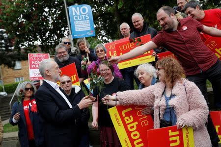 Jeremy Corbyn, the leader of Britain's opposition Labour Party is handed roses by supporters during a campaign stop in Oxford, May 4, 2017. REUTERS/Darren Staples