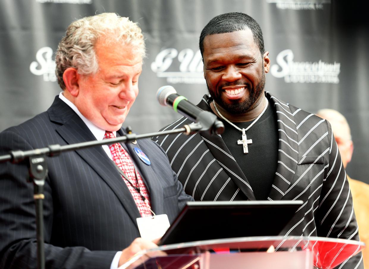Shreveport Mayor Tom Arceneaux and Curtis “50 Cent” Jackson during the press conference in front of Government Plaza to sign the lease for G-Unit Studios in Shreveport Thursday afternoon, April 18, 2024.