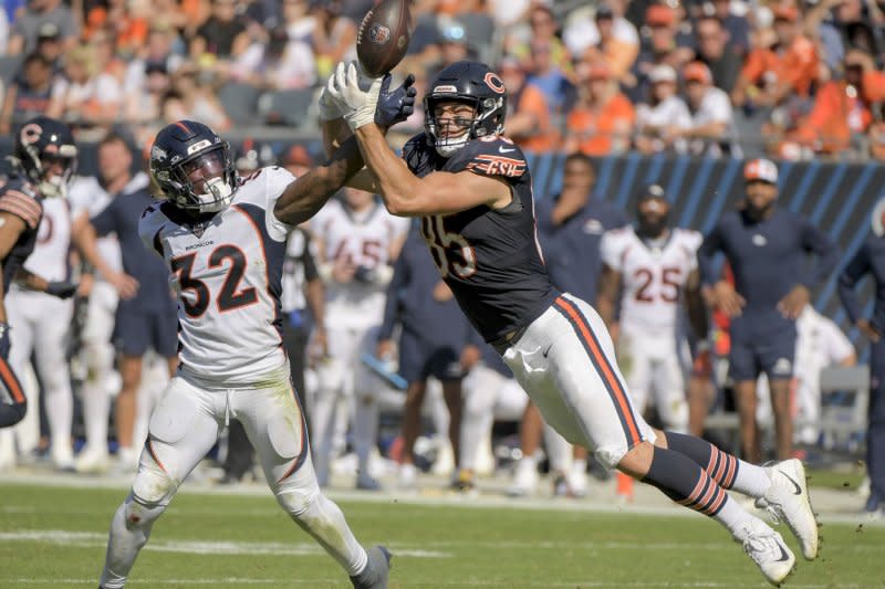 Chicago Bears tight end Cole Kmet (R) is a borderline fantasy football TE1 in Week 9. File Photo by Mark Black/UPI