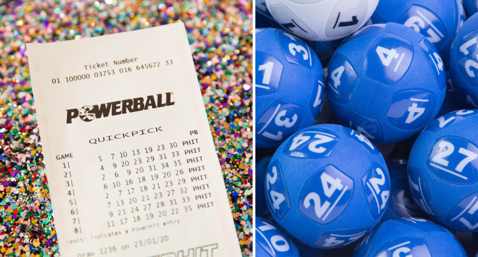 Left, Powerball ticket lies against glitter. Right, blue and white Powerball balls stacked against one another. 