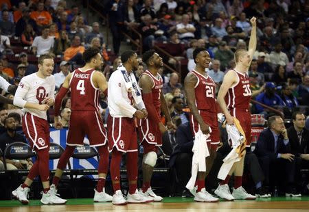 Mar 22, 2019; Columbia, SC, USA; The Oklahoma Sooners bench reacts after winning the game against the Mississippi Rebels in the first round of the 2019 NCAA Tournament at Colonial Life Arena. Mandatory Credit: Jeff Blake-USA TODAY Sports