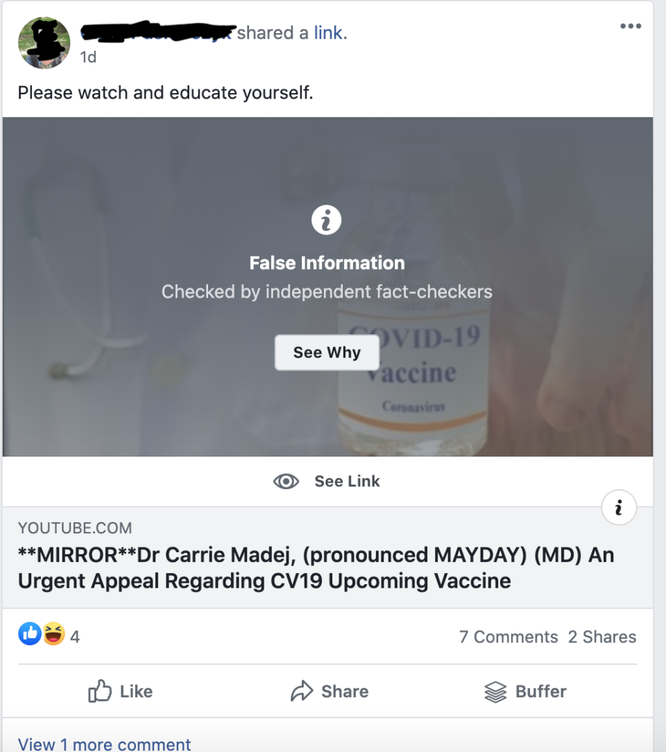 Facebook deemed the post "false information." (Screenshot: Facebook)