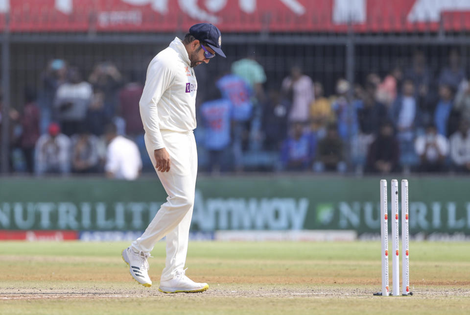 India's captain Rohit Sharma leaves the pitch after Australia won the third cricket test match against India in Indore, India, Friday, March 3, 2023. (AP Photo/Surjeet Yadav)