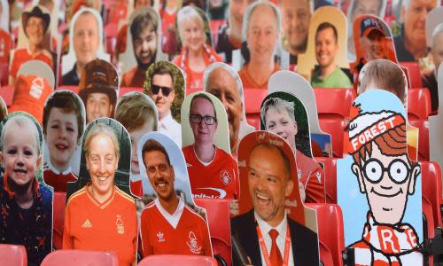 Nottingham Forest v Huddersfield Town - Sky Bet Championship<br>NOTTINGHAM, ENGLAND - JUNE 28: Where's Wally looks out amongst the cardboard fans profile pictures in the main stand ahead of the Sky Bet Championship match between Nottingham Forest and Huddersfield Town at on June 28, 2020 in Nottingham, England. (Photo by Laurence Griffiths/Getty Images)