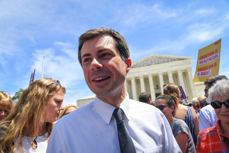 Democratic presidential candidate Pete Buttigieg, the mayor of South Bend, Indiana, appeared outside the Supreme Court in May at a rally for abortion rights.