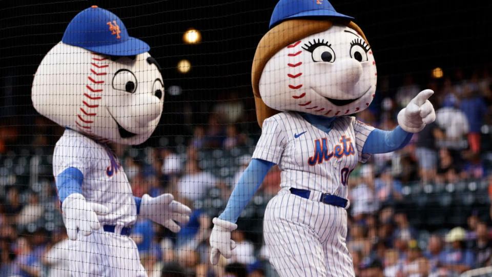 <div>NEW YORK, NEW YORK - AUGUST 12: Mr. and Mrs. Met perform during game two of a doubleheader against the <a class="link " href="https://sports.yahoo.com/mlb/teams/atlanta/" data-i13n="sec:content-canvas;subsec:anchor_text;elm:context_link" data-ylk="slk:Atlanta Braves;sec:content-canvas;subsec:anchor_text;elm:context_link;itc:0">Atlanta Braves</a> at Citi Field on August 12, 2023 in New York City. (Photo by Rich Schultz/Getty Images)</div>