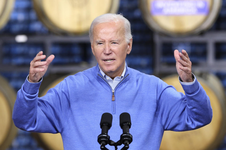 President Joe Biden speaks at Earth Rider Brewery, Thursday, Jan. 25, 2024, in Superior, Wis. (AP Photo/Adam Bettcher)