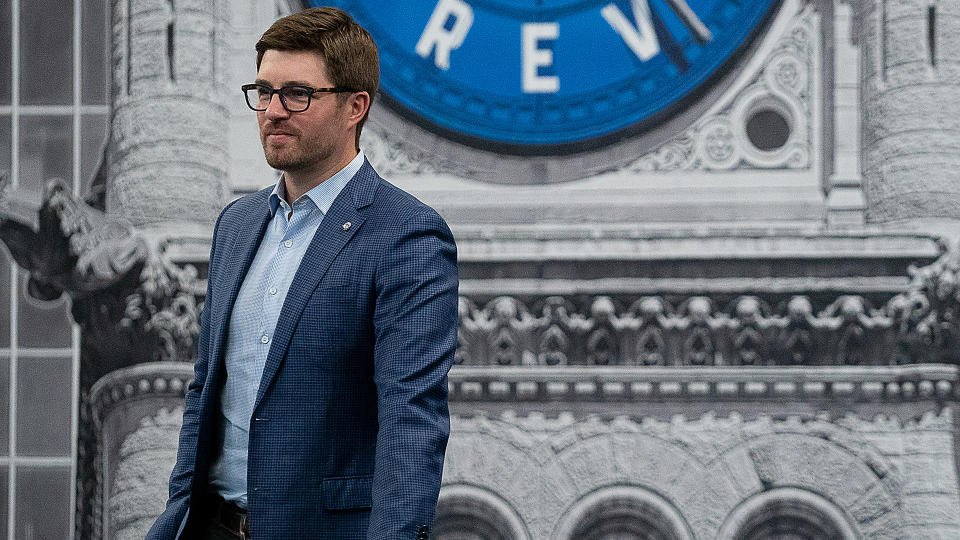 TORONTO, ONTARIO, CANADA - JULY 24: General Manager Kyle Dubas of the Toronto Maple Leafs attends rounds 2-7 of the 2021 NHL Entry Draft at OVO Athletic Centre on July 24, 2021 in Toronto, Ontario, Canada. (Photo by Alana Davidson/NHLI via Getty Images)