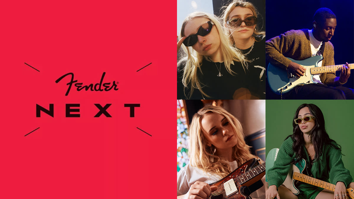  The Fender Next logo, with photos of (left to right, top to bottom) Momma, Samm Henshaw, Cecilia Castleman, Wallice 